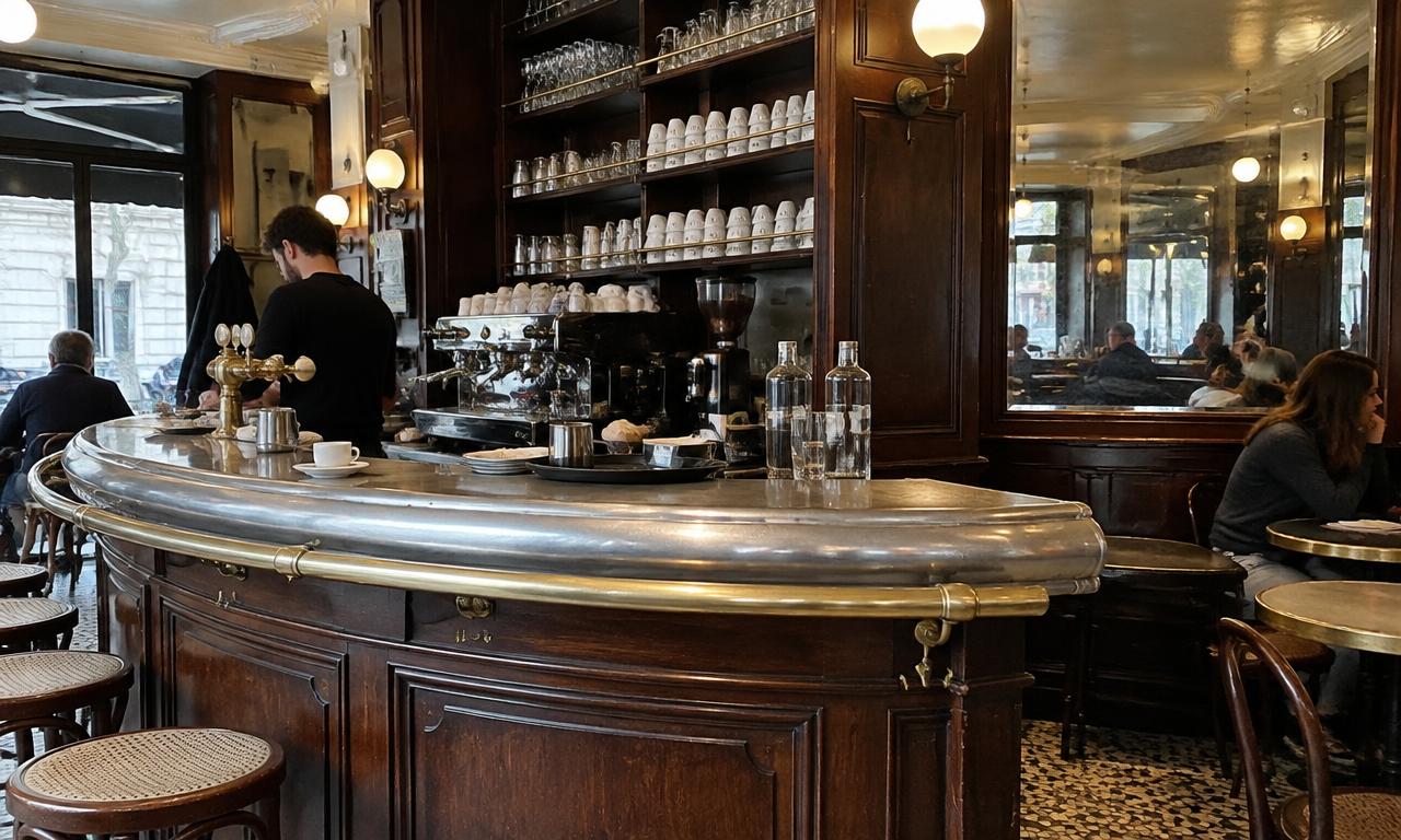 Le comptoir en zinc patiné, là où les habitués boivent debout leur café avant que la ville ne s'éveille.