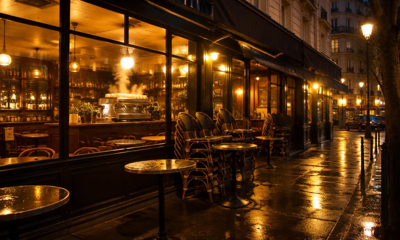 Le café le soir, quand la vapeur de la machine et les lumières ambrées se reflètent sur le trottoir mouillé.
