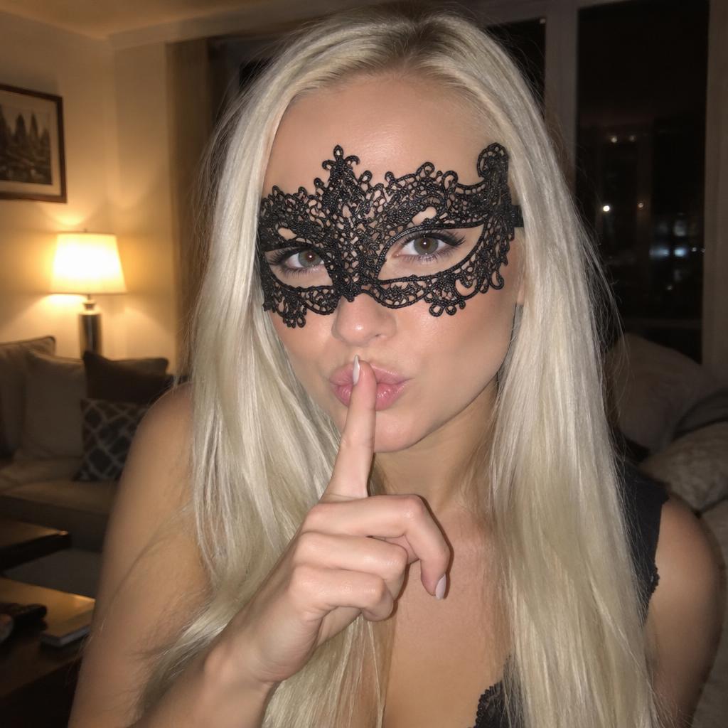 Portrait d’une femme blonde aux cheveux longs et clairs portant un masque de dentelle noire et faisant un geste de silence